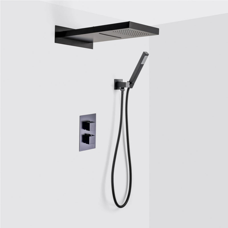 Devon 3-Way Shower Set With Hand Shower Set and Double Function Shower Head - Wall Mount - 10" Brass/Matt Black