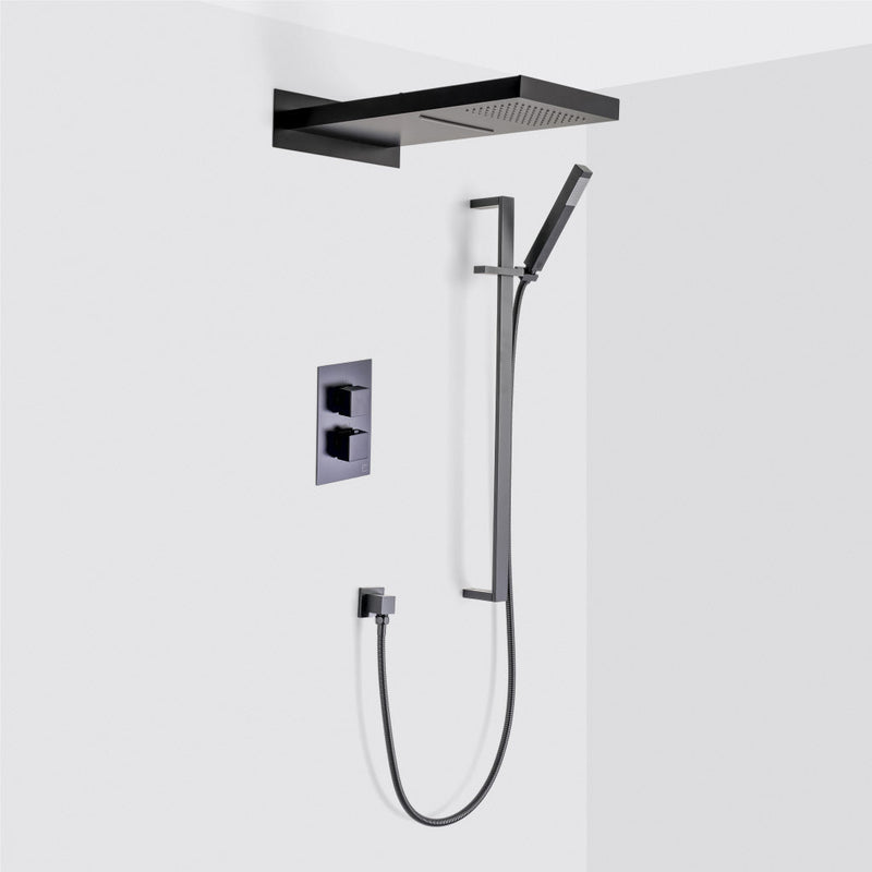 Devon 3-Way Shower Set With Hand Shower Column Set and Double Function Shower Head - Wall Mount - 10" Brass/Matt Black