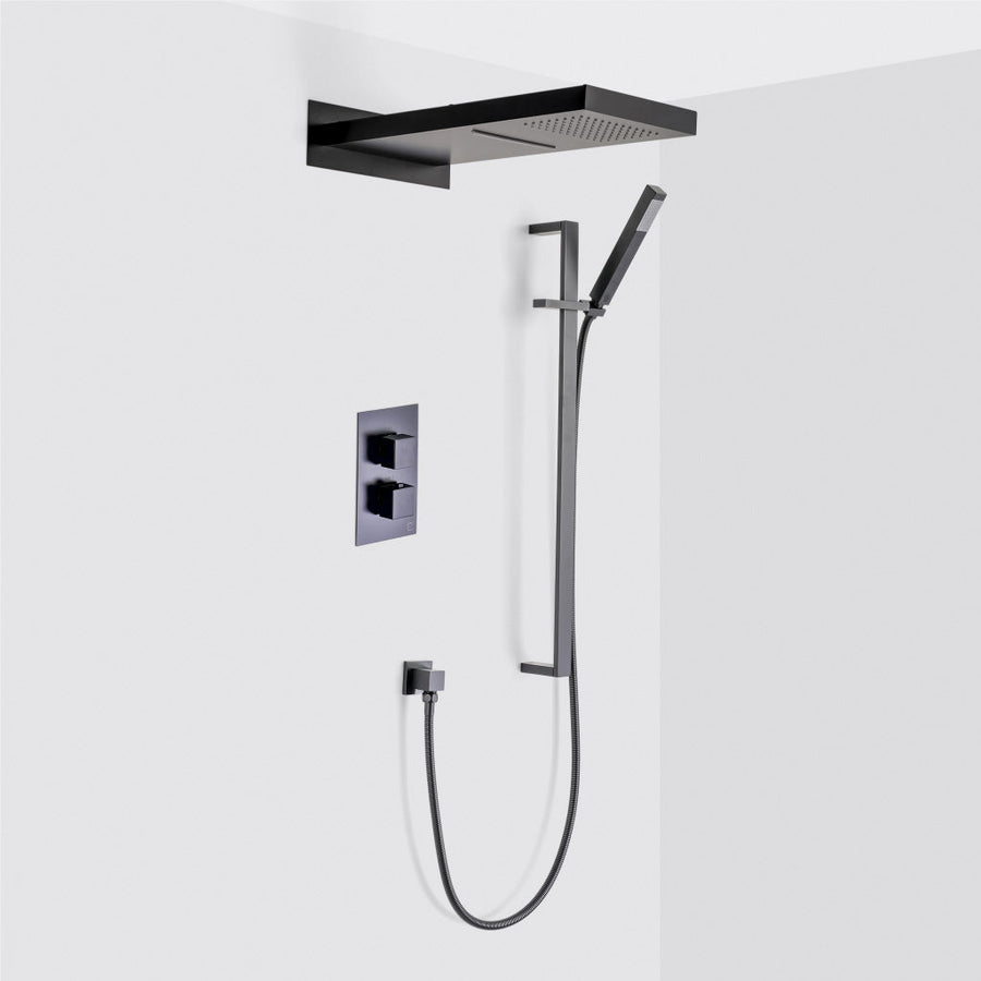 Devon 3-Way Shower Set With Hand Shower Column Set and Double Function Shower Head - Wall Mount - 10" Brass/Matt Black