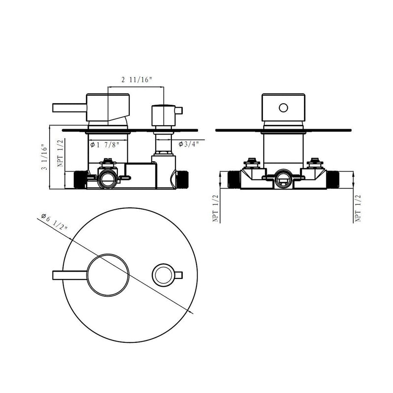 Metro 2 Way Pressure Balance Shower Mixer - Wall Mount - 2" Brass/Polished Chrome