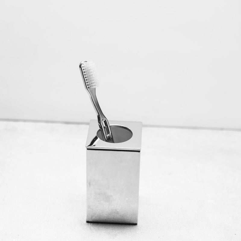 Cubic Toothbrush Holder - Free Standing - 4" Brass/Polished Chrome