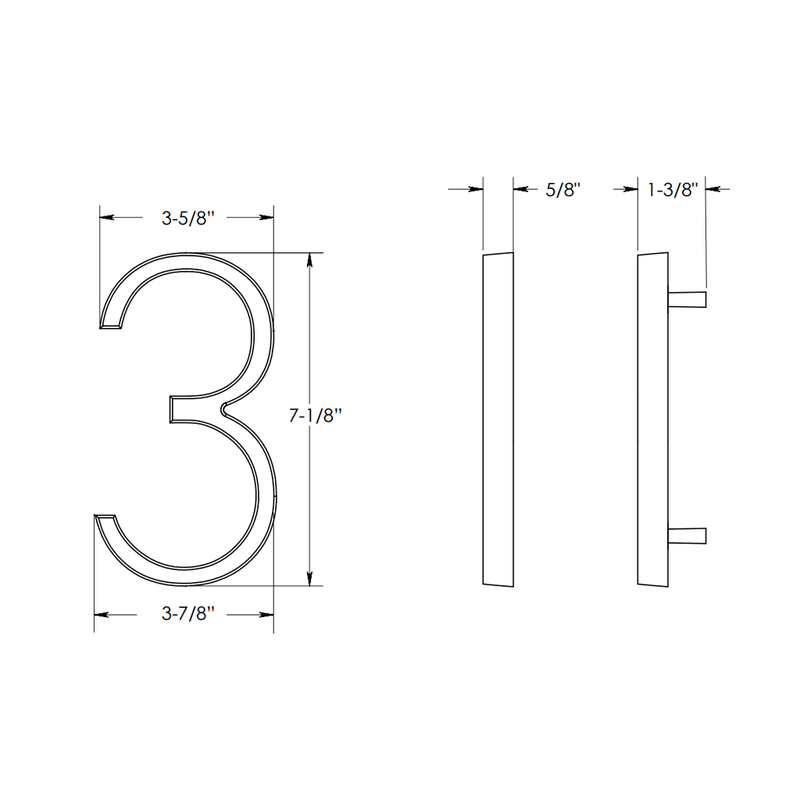 Modern "3" House Numbers - Wall Mount - 7" Zinc/Flat Black