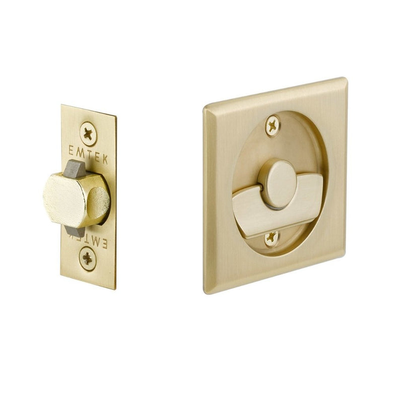 Helios Square Tubular Privacy Pocket Door Lockset - Door Mount - 2" Brass/Satin Brass