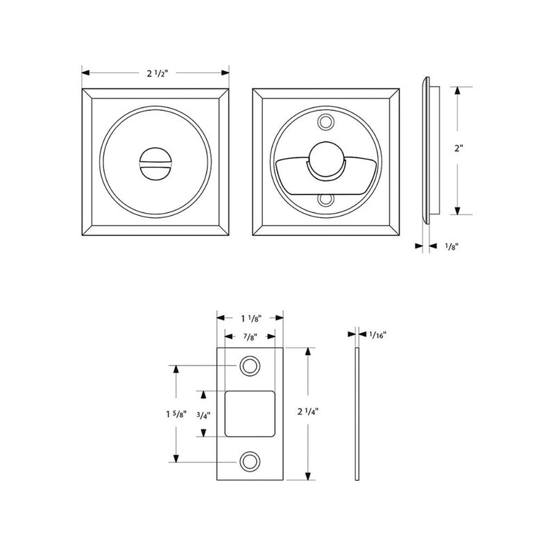 Helios Square Tubular Privacy Pocket Door Lockset - Door Mount - 2" Brass/Polished Chrome