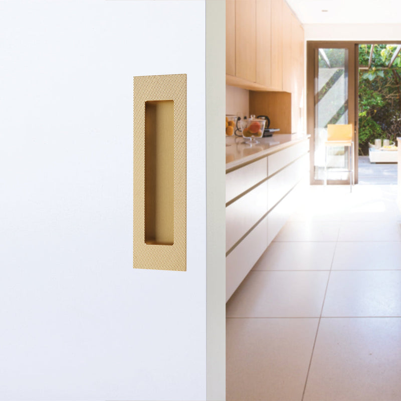 Modern Rectangular Knurled Pocket Door Lockset - Door Mount - 4" Brass/Satin Brass