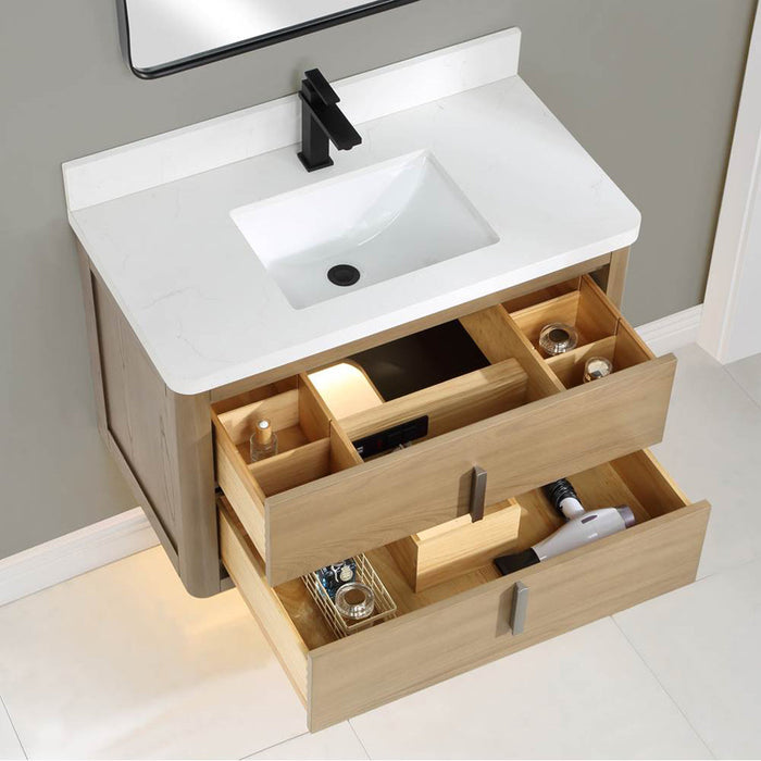 Design Studio 2 Drawers Bathroom Vanity with Quartz Sink - Wall Mount - 30" Oak/Fossil Beige - Last Unit Special Offer