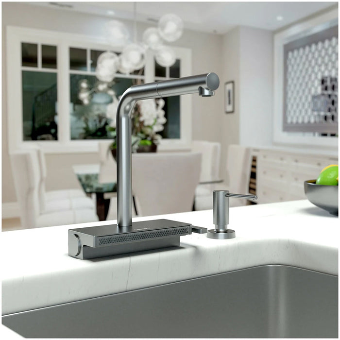Aquno Select Pull Out Kitchen Faucet - Single Hole - 8" Brass/Brushed Black Chrome