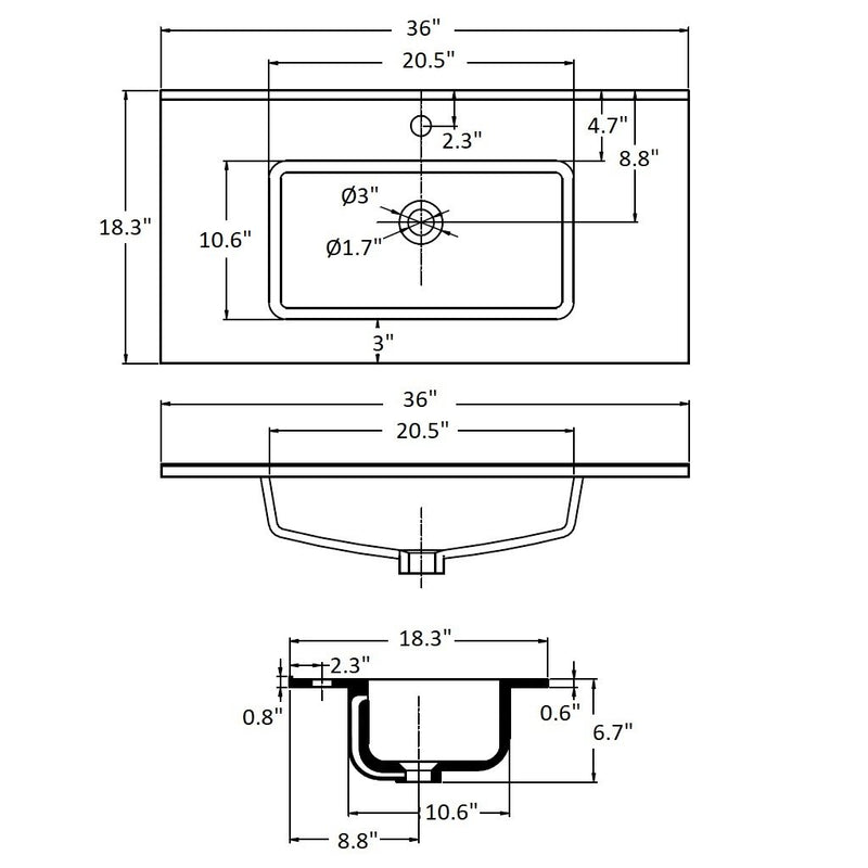Lyon Center Integrated Vanity Sink - Single Hole - 36" Porcelain/Gloss White