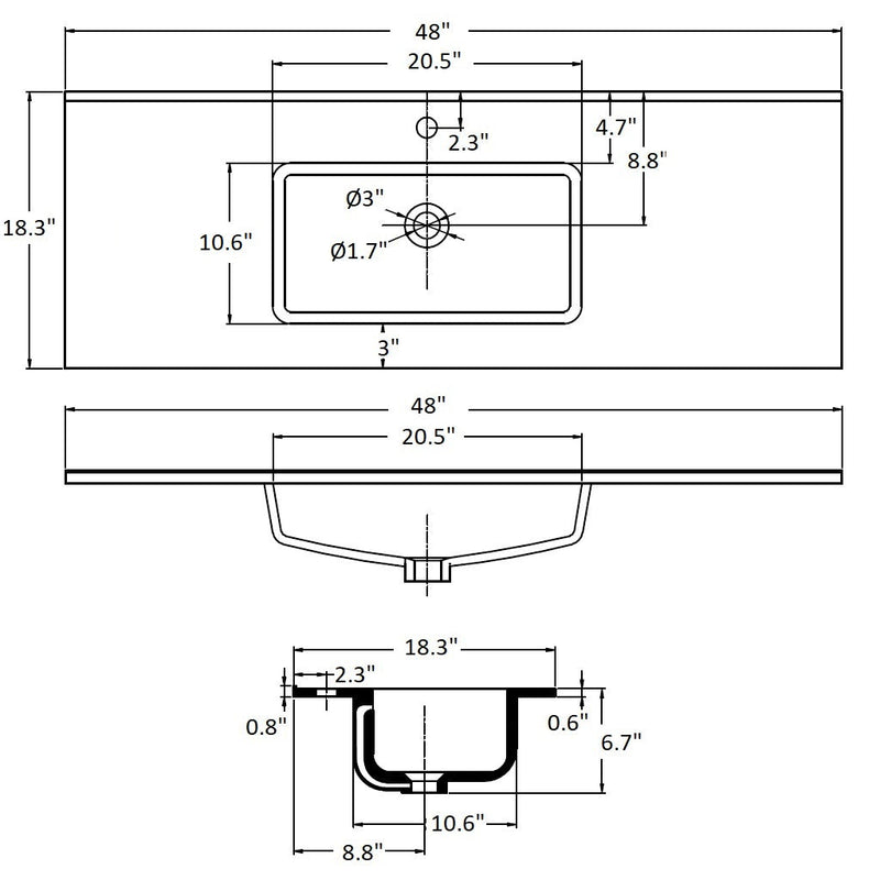 Lyon Center Integrated Vanity Sink - Single Hole - 48" Porcelain/Gloss White