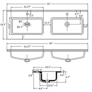 Lyon Double Integrated Vanity Sink - Single Hole - 56" Porcelain/Gloss White