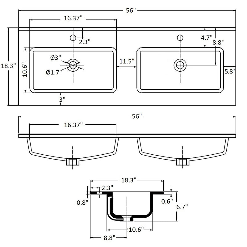 Lyon Double Integrated Vanity Sink - Single Hole - 56" Porcelain/Gloss White