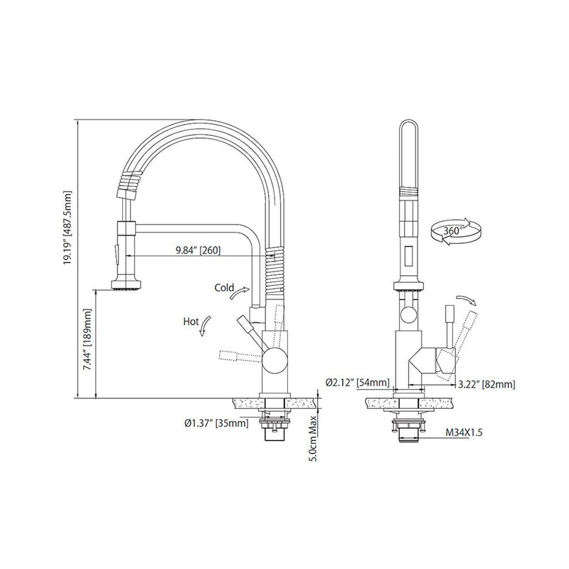 Caso Semi-Professional Dual Spray Pull Out Kitchen Faucet - Single Hole - 20" Stainless Steel/Light Tan