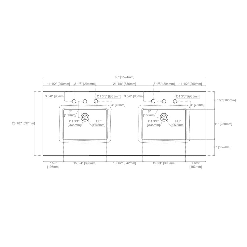 Amberly 6 Drawers And 2 Doors Bathroom Vanity with Solid Surface Sink - Wall Mount - 60" Wood/Walnut