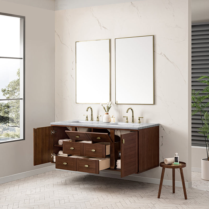 Amberly 6 Drawers And 2 Doors Bathroom Vanity with Solid Surface Sink - Wall Mount - 60" Wood/Walnut