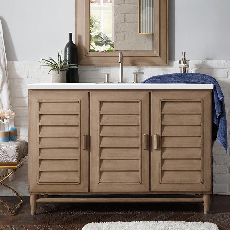 Portland 3 Doors and 7 Drawers Bathroom Vanity with Quartz Sink - Floor Mount - 48" Wood/Whitewashed Walnut - Last Unit Special Offer