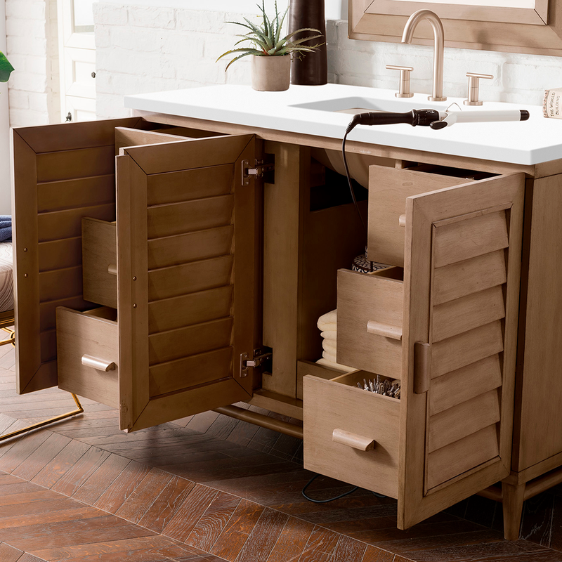 Portland 3 Doors and 7 Drawers Bathroom Vanity with Quartz Sink - Floor Mount - 48" Wood/Whitewashed Walnut - Last Unit Special Offer