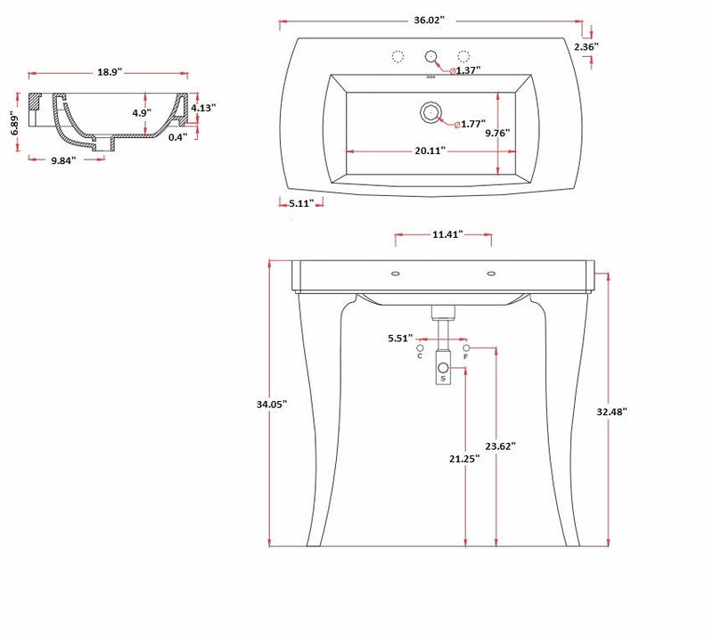 Jazz Console Bathroom Sink - Wall Mount - 36" Porcelain/White - Last Unit Special Offer