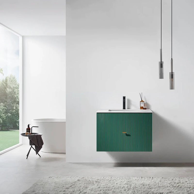 Barcelona 1 Drawer Bathroom Vanity White with Stone Sink - Wall Mount - 30" Wood/Forest Green