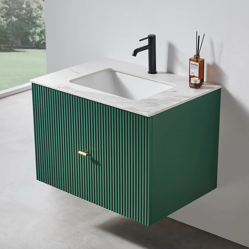 Barcelona 1 Drawer Bathroom Vanity White with Stone Sink - Wall Mount - 30" Wood/Forest Green