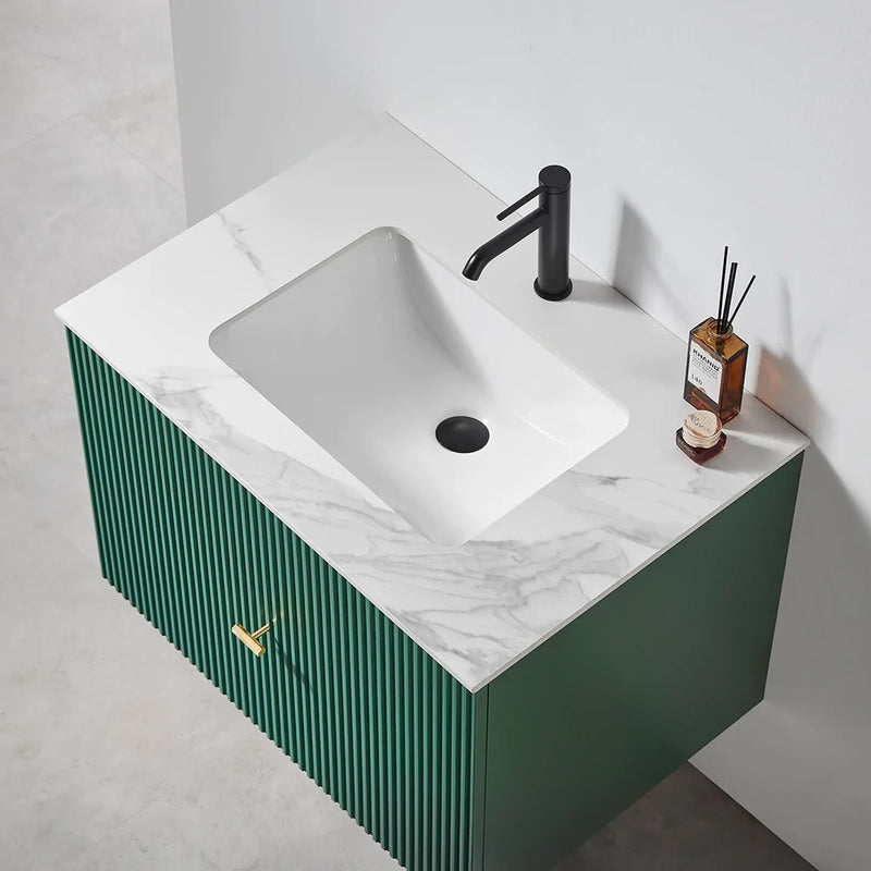 Barcelona 1 Drawer Bathroom Vanity White with Stone Sink - Wall Mount - 30" Wood/Forest Green