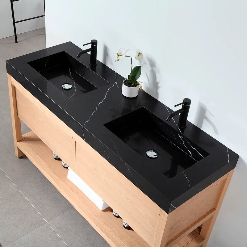 Bibury 2 Drawers Bathroom Vanity with Quartz Sink - Floor Mount - 60" Wood/Whitewash Oak