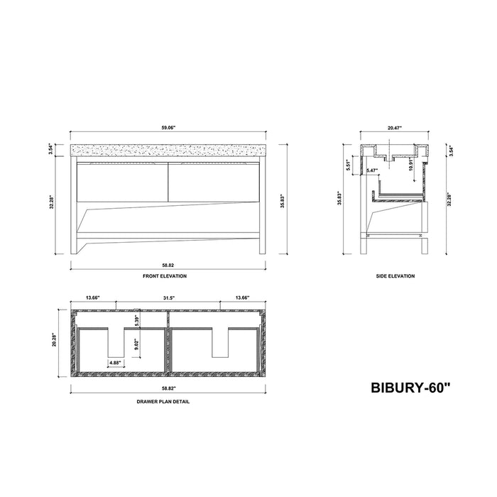 Bibury 2 Drawers Bathroom Vanity with Quartz Sink - Floor Mount - 60" Wood/Whitewash Oak