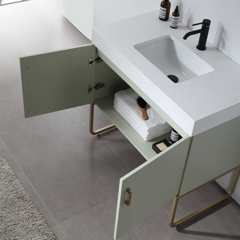 Veemon 2 Doors Bathroom Vanity with Quartz Sink - Floor Mount - 36" Wood/Metal/Pine/Gold