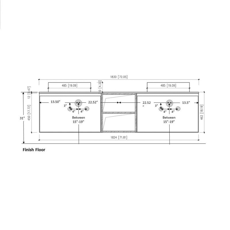 Manarello Double Sink Vanity - Wall Mount - 72" Wood/Light Gray