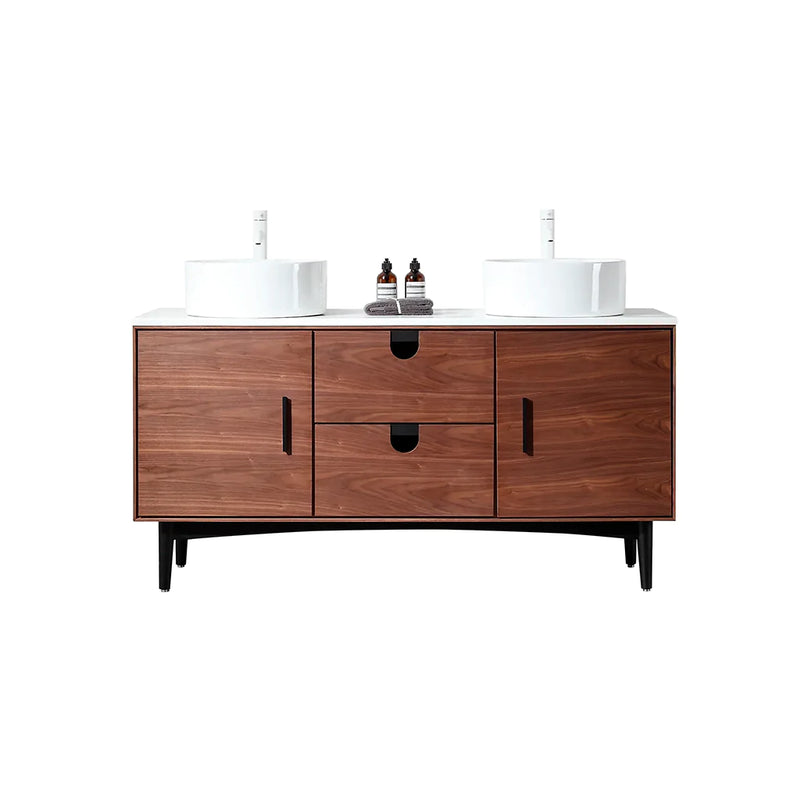 Portree 2 Drawers And 2 Doors Bathroom Vanity with Quartz top and Double Vessel Sinks - Floor Mount - 60" Wood/Walnut