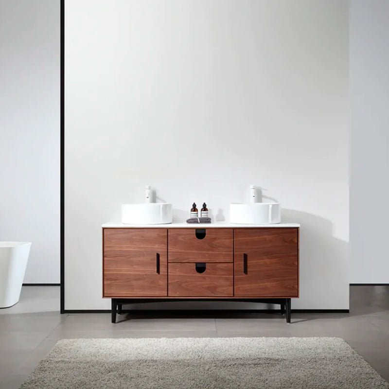 Portree 2 Drawers And 2 Doors Bathroom Vanity with Quartz top and Double Vessel Sinks - Floor Mount - 60" Wood/Walnut