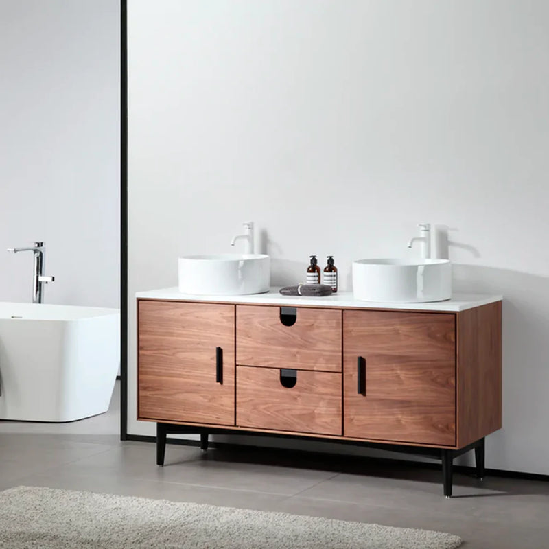 Portree 2 Drawers And 2 Doors Bathroom Vanity with Quartz top and Double Vessel Sinks - Floor Mount - 60" Wood/Walnut