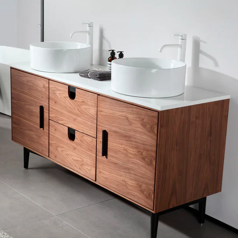 Portree 2 Drawers And 2 Doors Bathroom Vanity with Quartz top and Double Vessel Sinks - Floor Mount - 60" Wood/Walnut