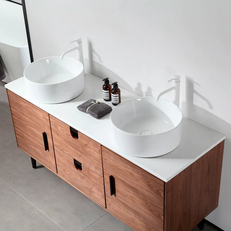 Portree 2 Drawers And 2 Doors Bathroom Vanity with Quartz top and Double Vessel Sinks - Floor Mount - 60" Wood/Walnut