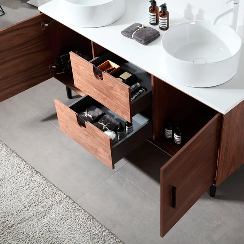 Portree 2 Drawers And 2 Doors Bathroom Vanity with Quartz top and Double Vessel Sinks - Floor Mount - 60" Wood/Walnut