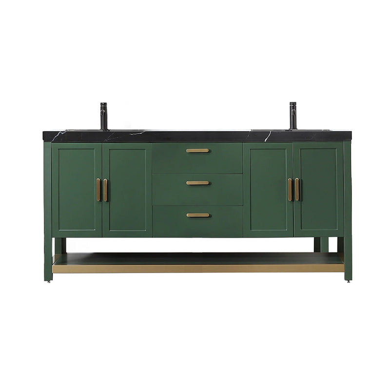Winchester 3 Drawers and 4 Doors Bathroom Vanity with Black Quartz Sink - Floor Mount - 72" Wood/Forest Green