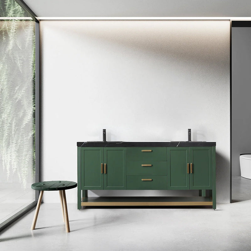 Winchester 3 Drawers and 4 Doors Bathroom Vanity with Black Quartz Sink - Floor Mount - 72" Wood/Forest Green