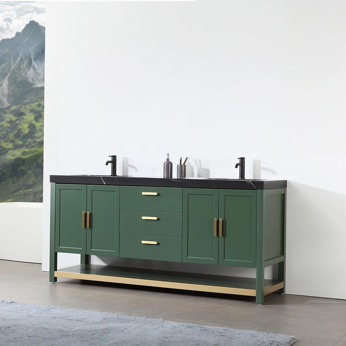 Winchester 3 Drawers and 4 Doors Bathroom Vanity with Black Quartz Sink - Floor Mount - 72" Wood/Forest Green