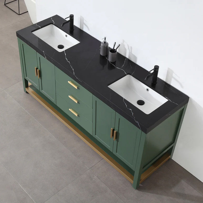 Winchester 3 Drawers and 4 Doors Bathroom Vanity with Black Quartz Sink - Floor Mount - 72" Wood/Forest Green
