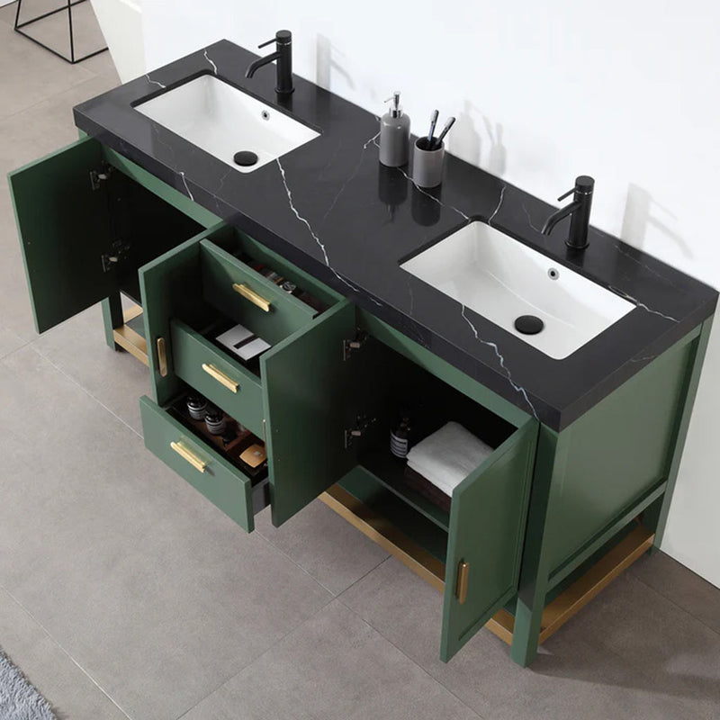 Winchester 3 Drawers and 4 Doors Bathroom Vanity with Black Quartz Sink - Floor Mount - 72" Wood/Forest Green