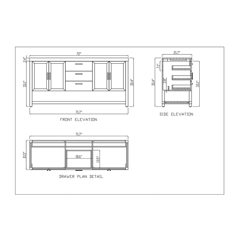 Winchester 3 Drawers and 4 Doors Bathroom Vanity with Black Quartz Sink - Floor Mount - 72" Wood/Forest Green