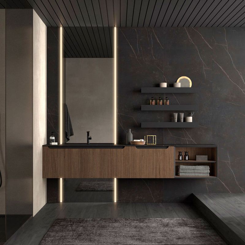 Kimono 1 Drawers And 1 Open Shelf Bathroom Vanity with Porcelain Sink - Wall Mount - 40" Walnut Wood Veneer/Walnut