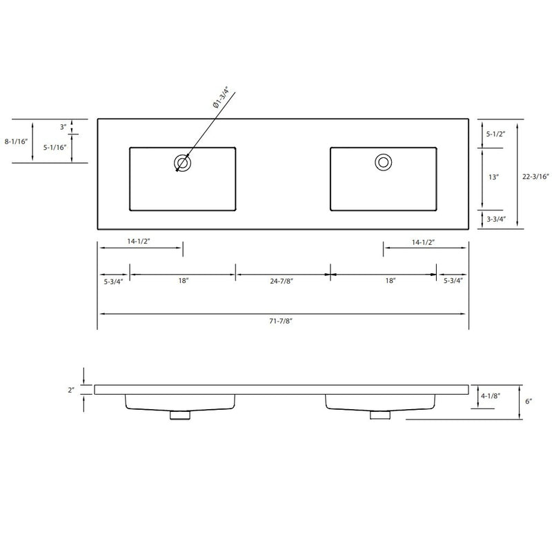 City Vanity - Wall Mount - 72" Solid Surface/Matt White