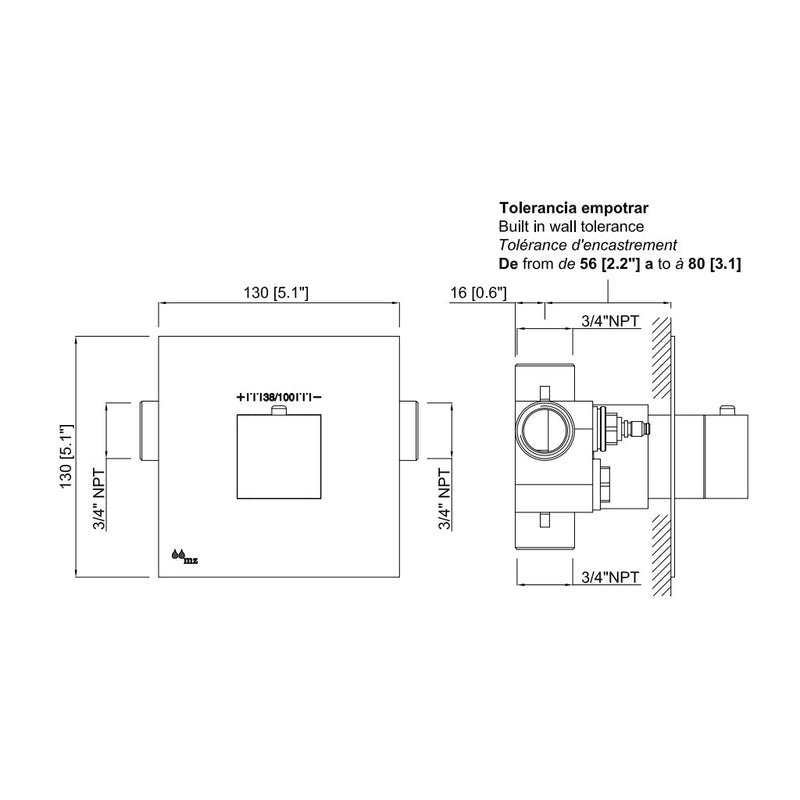 Cubic Thermostatic Shower Mixer - Built-In - 6" Brass/Polished Chrome