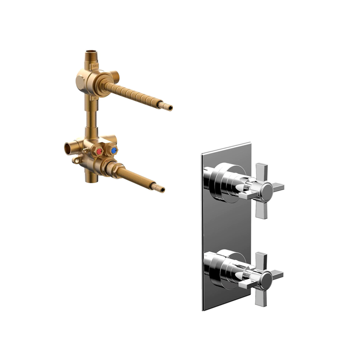 Basic 2 Way Thermostatic Valve Cross Handles Shower Mixer - Wall Mount - 9" Brass/Polished Chrome