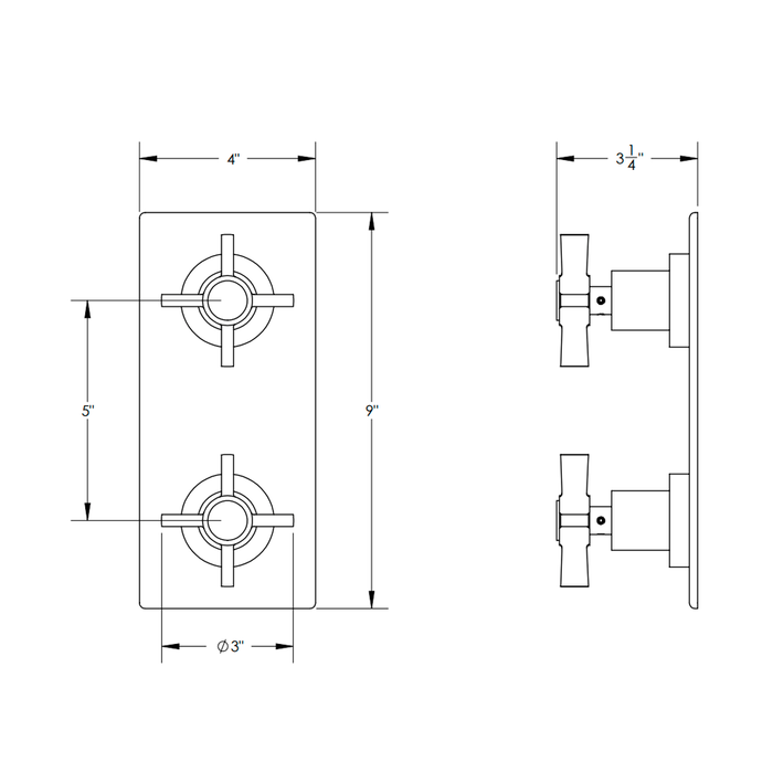 Basic 2 Way Thermostatic Valve Cross Handles Shower Mixer - Wall Mount - 9" Brass/Polished Chrome