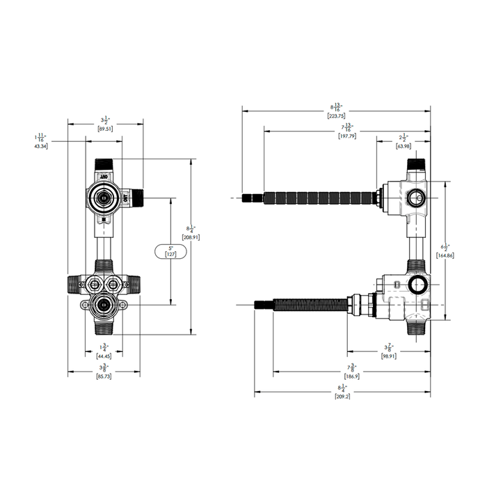 Hex Modern 2 Way Thermostatic Lever Handle Shower Mixer - Wall Mount - 9" Brass/Matt Black