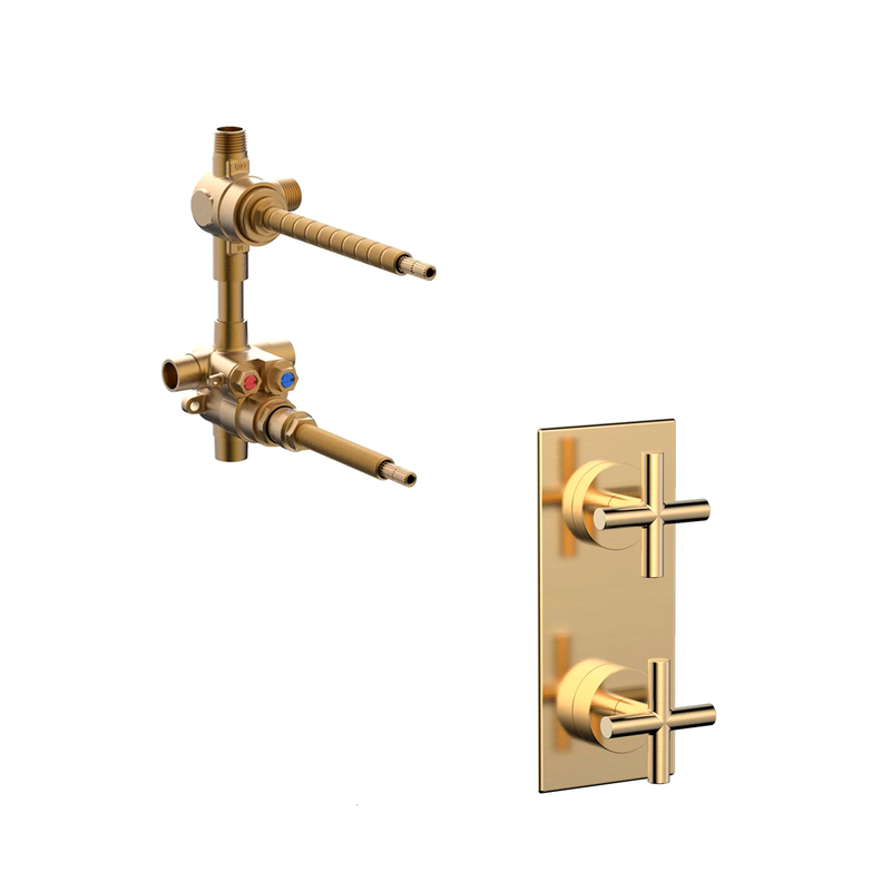 Transition 2 Way Thermostatic Valve Cross Handles Shower Mixer - Wall Mount - 9" Brass/Satin Brass