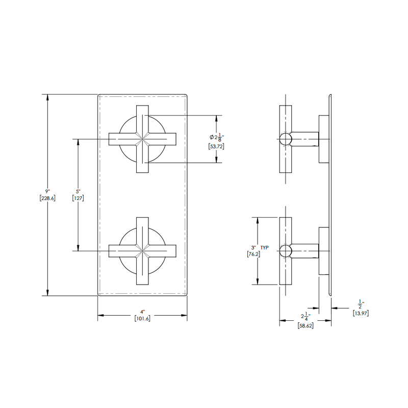 Transition 2 Way Thermostatic Valve Cross Handles Shower Mixer - Wall Mount - 9" Brass/Satin Brass
