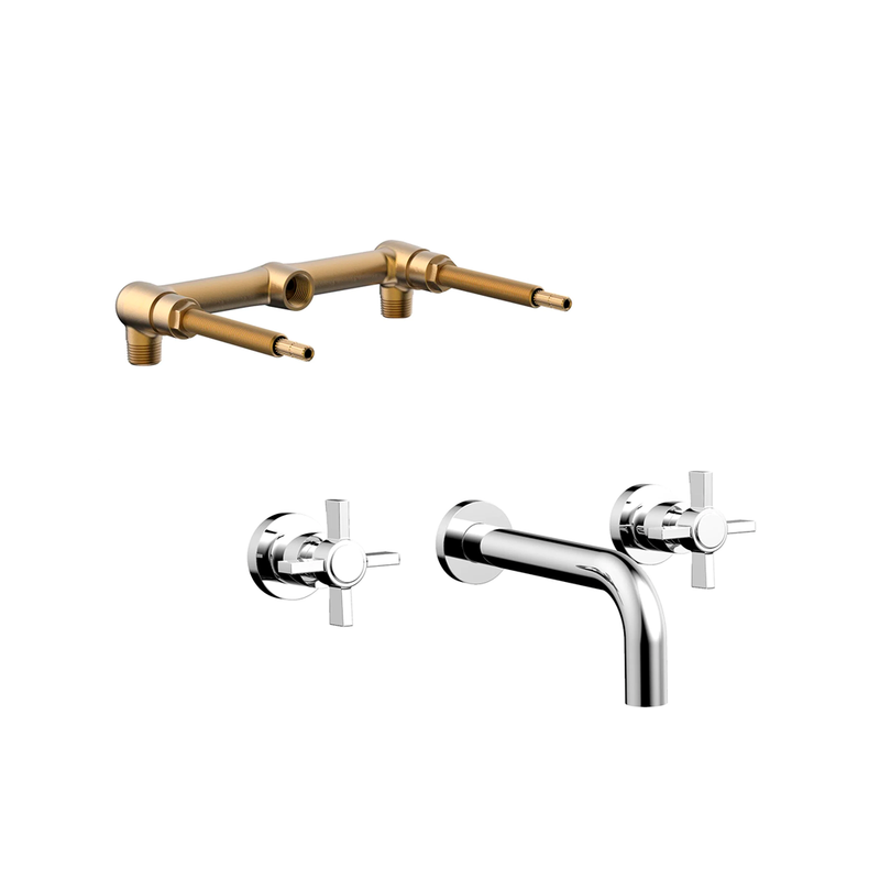 Basic Complete Tub Faucet  with Blade Cross Handles - Widespread-Wall Mount - 8" Brass/Polished Chrome