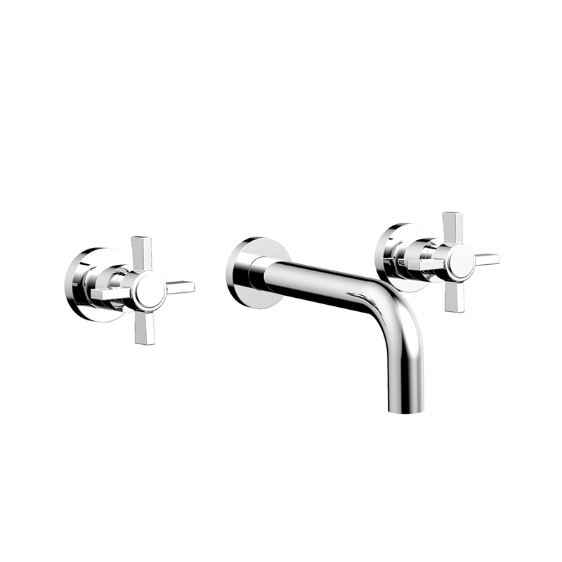 Basic Complete Tub Faucet  with Blade Cross Handles - Widespread-Wall Mount - 8" Brass/Polished Chrome
